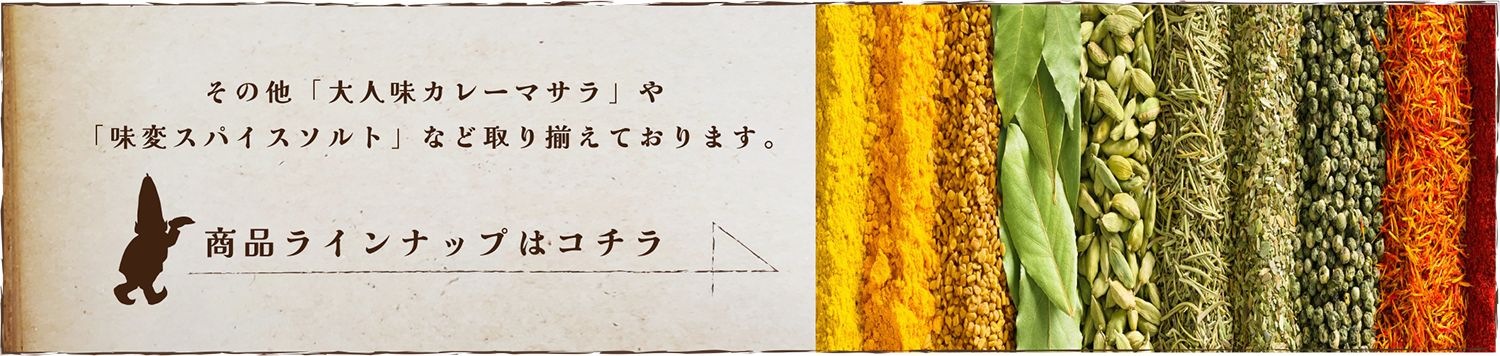 その他「大人味カレーマサラ」や「味変スパイスソルト」など取り揃えております。商品ラインナップはコチラ
